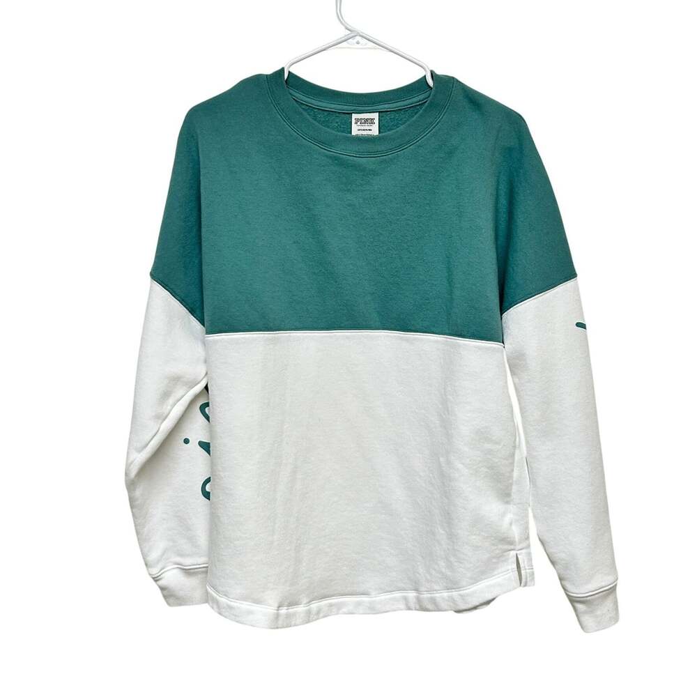 PINK Victoria's Secret Women's White Green Colorblock Crewneck Sweatshirt Size S - Picture 3 of 9